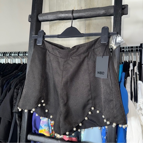 NBD Pants - NBD Black Scalloped Pearl Trim High Waist Mini Shorts